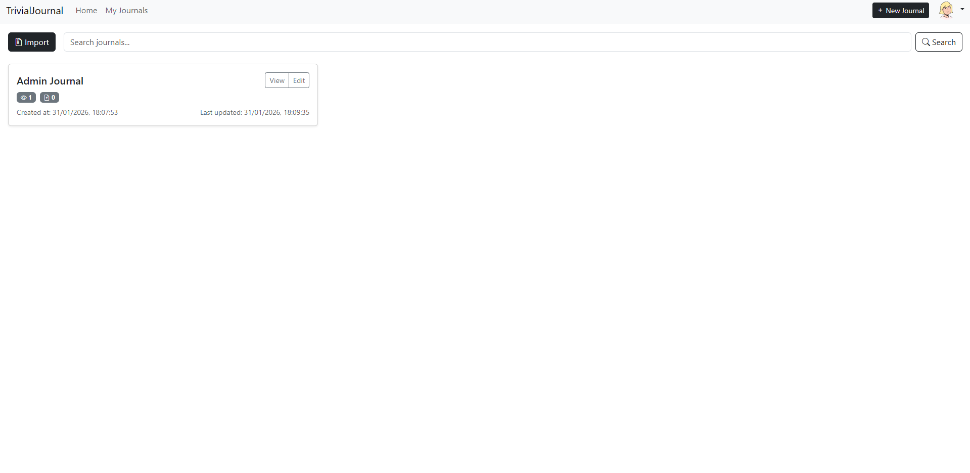 View of User Personal Journals