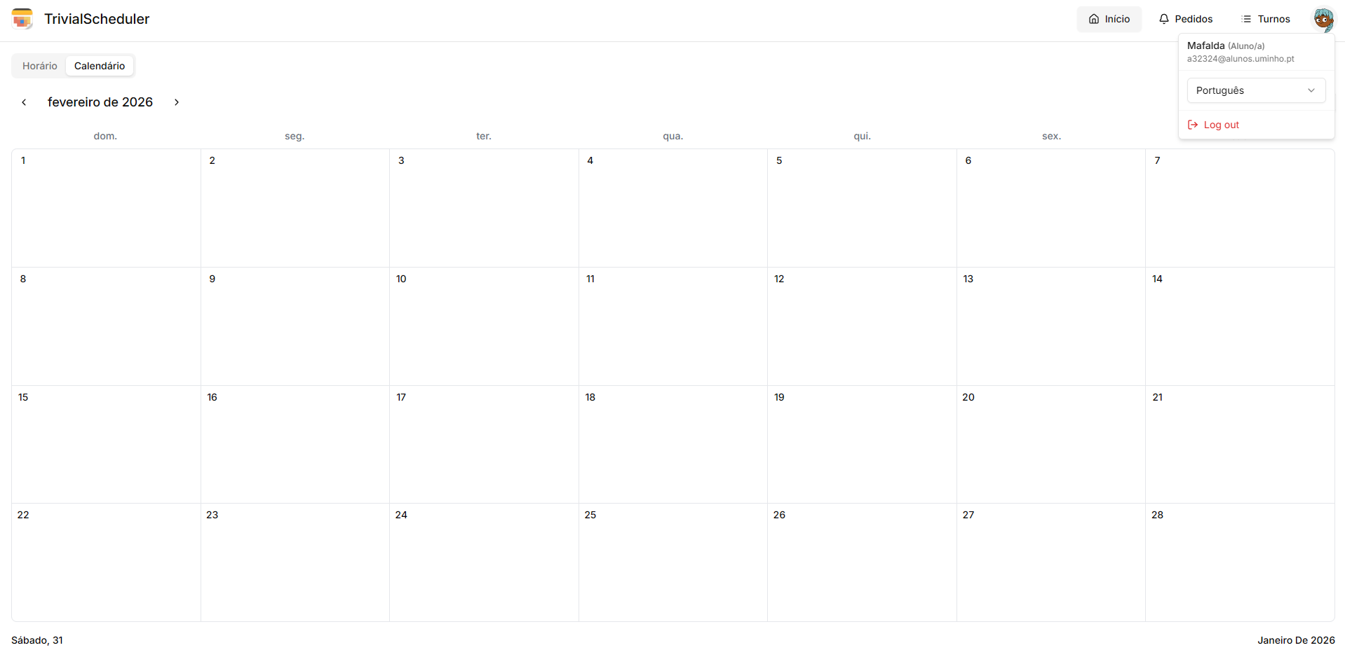 View of Student Calendar